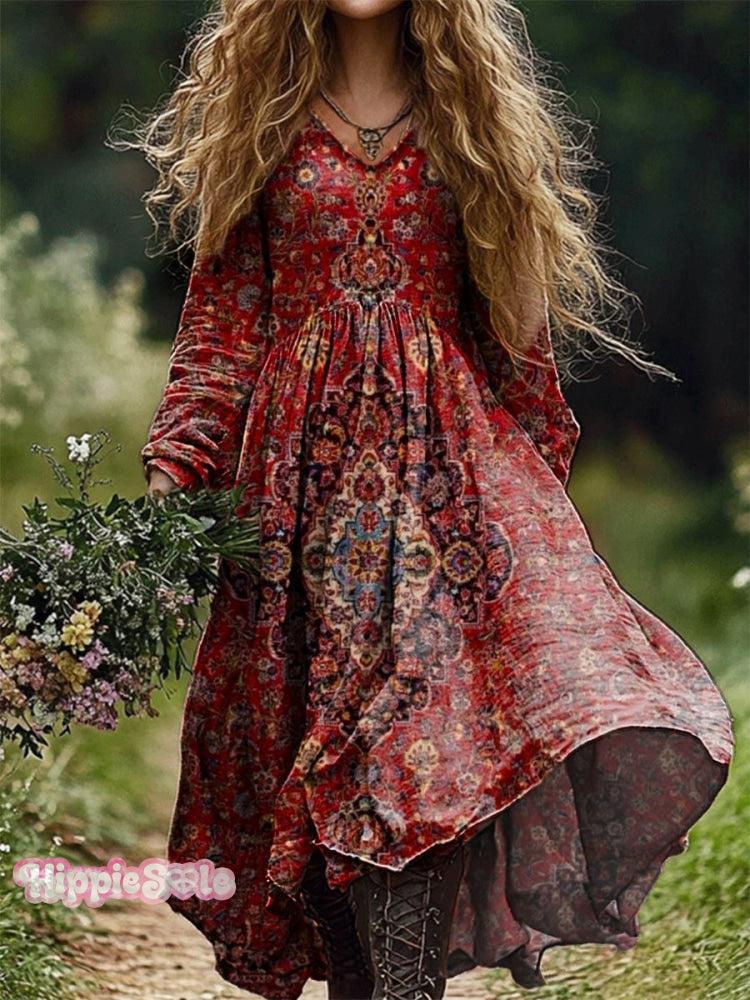 Women’s National Floral Art Pattern Print V Neck Pocket Cotton Dress Multicolor / S