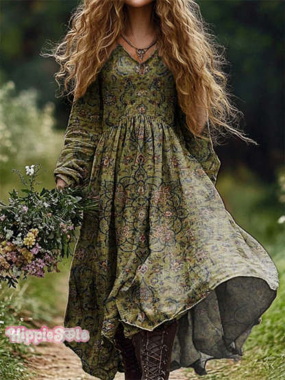 Women’s Retro Ethnic Floral Art Pattern Print V Neck Pocket Cotton Dress Multicolor / S