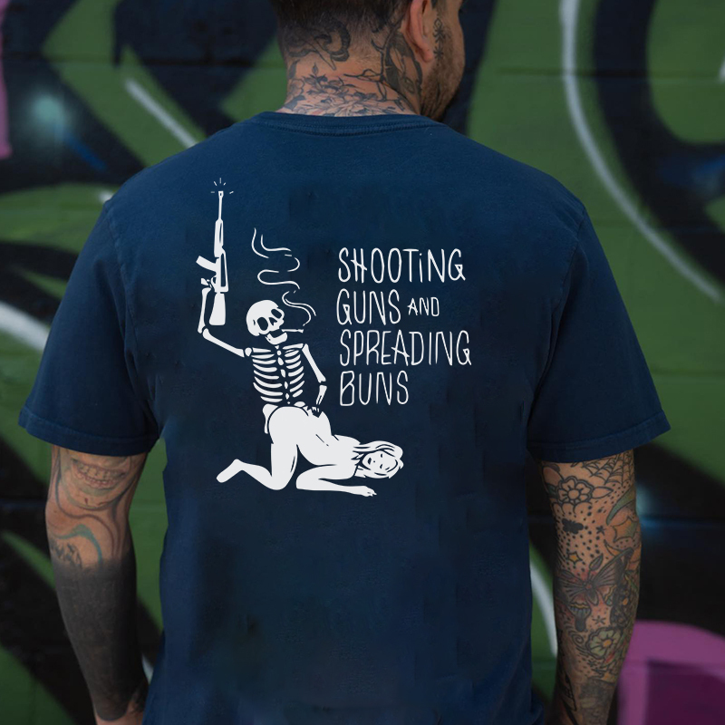SHOOTING GUNS AND SPREADING BUNS Skull with Sexy Lady Print T-shirt