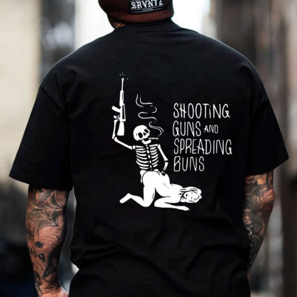 SHOOTING GUNS AND SPREADING BUNS Skull with Sexy Lady Print T-shirt