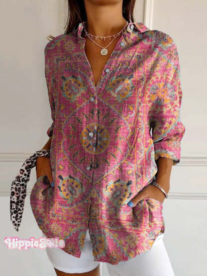 Women’s Colorful Retro Totem Print Casual Cotton Shirt Multicolor / S