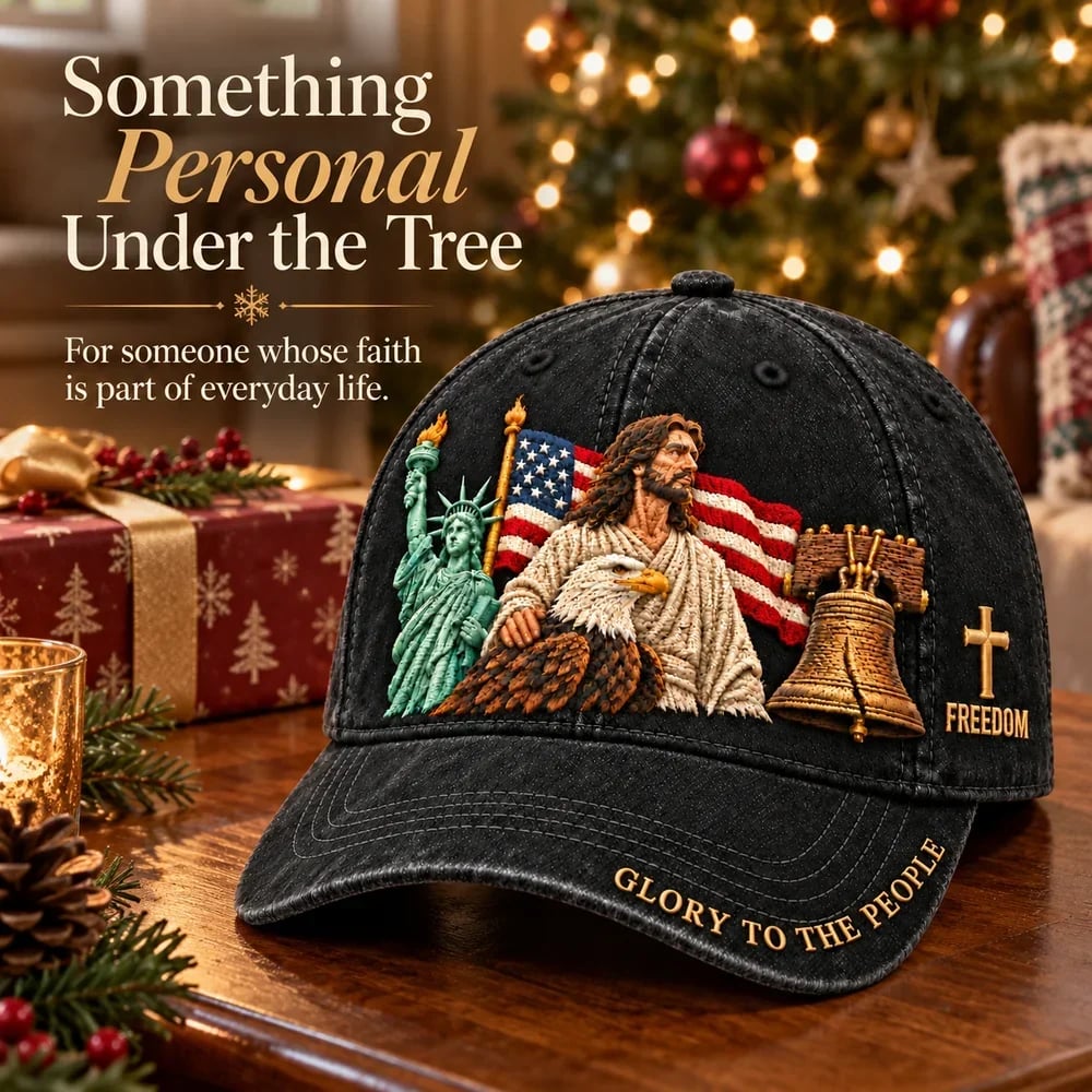 Black embroidered cap displayed beside a Christmas tree