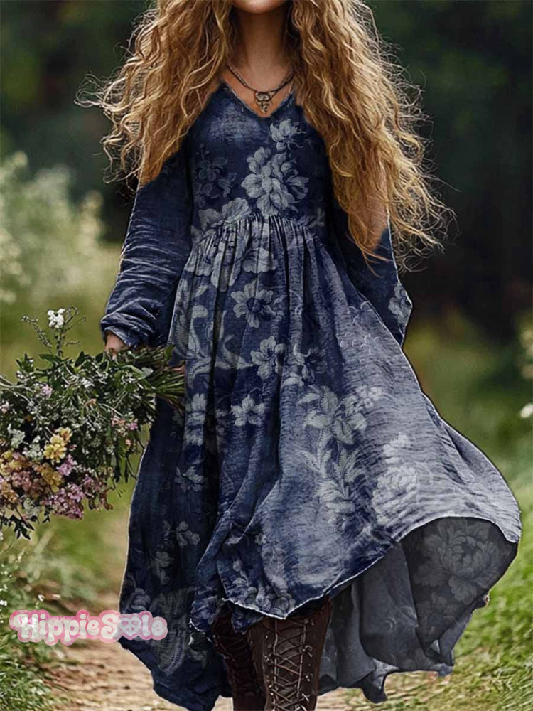 Women’s Vintage Floral Print Casual V-Neck Pocket Cotton Dress Multicolor / S