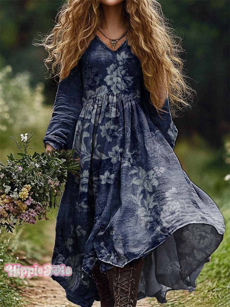 Women’s Vintage Floral Print Casual V-Neck Pocket Cotton Dress Multicolor / S