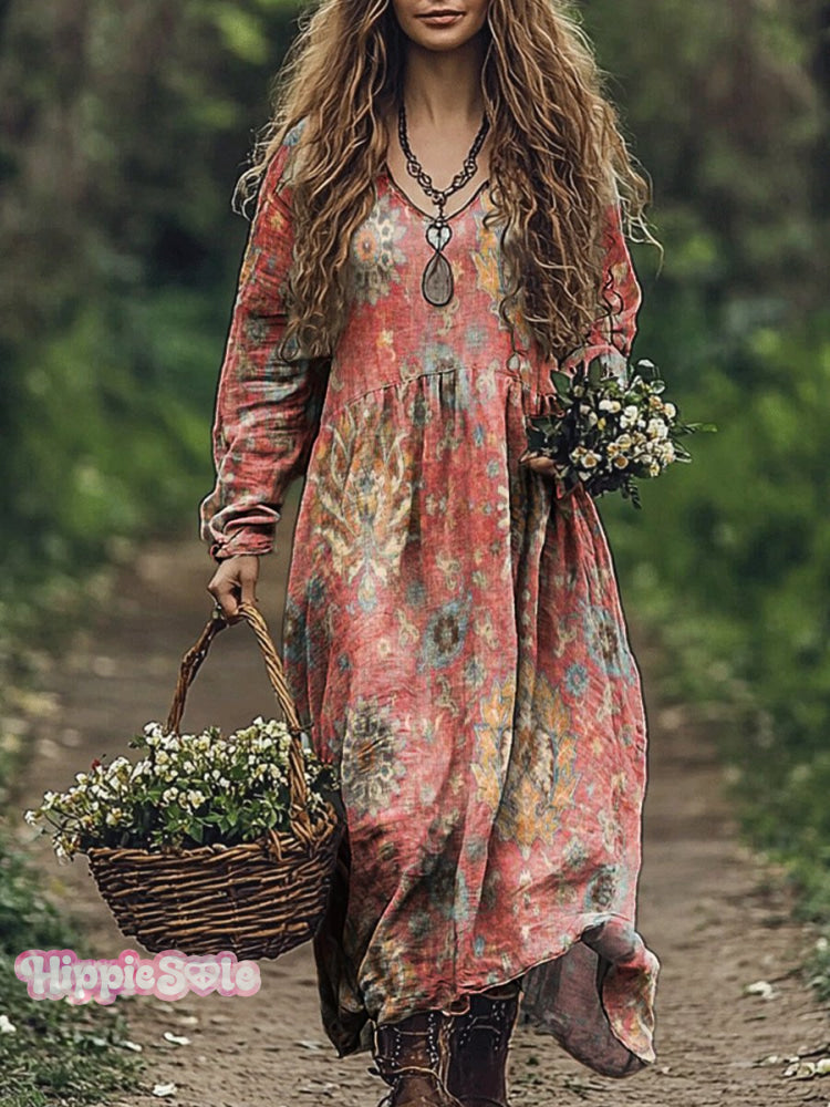 Women’s Bohemian Ethnic Pattern Print V Neck Pocket Cotton Dress Multicolor / S