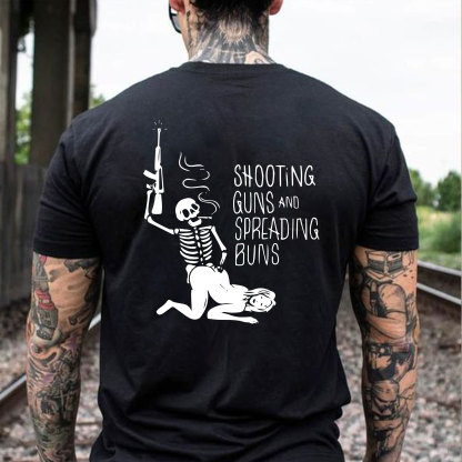 SHOOTING GUNS AND SPREADING BUNS Skull with Sexy Lady Print T-shirt