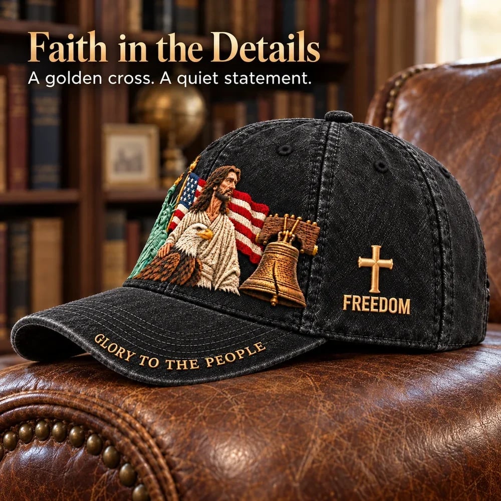 Side view showing the embroidered Jesus scene and gold cross with Freedom lettering