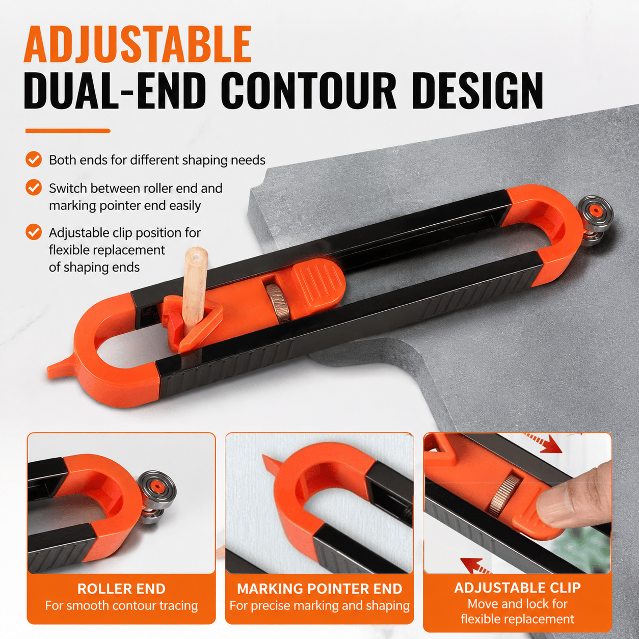Adjustable dual-end roller and pointer design on the contour gauge