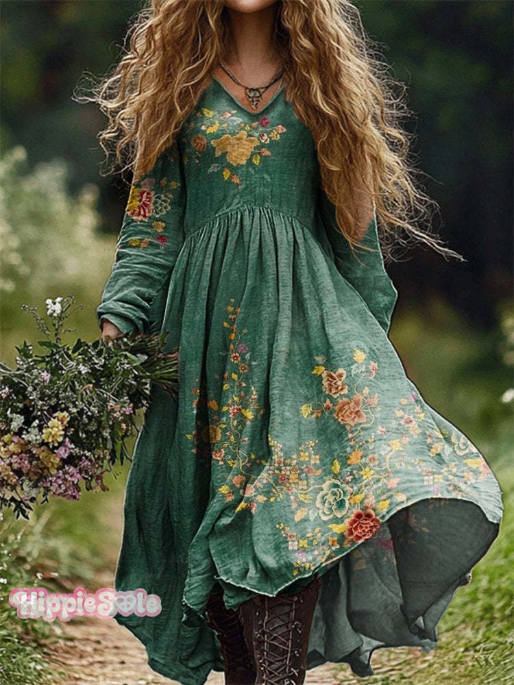 Women’s Retro Ethnic Floral Art Pattern Print V Neck Pocket Cotton Dress Multicolor / S