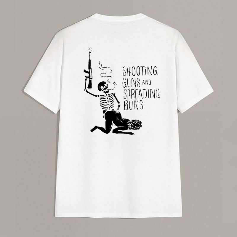 SHOOTING GUNS AND SPREADING BUNS Skull with Sexy Lady Print T-shirt