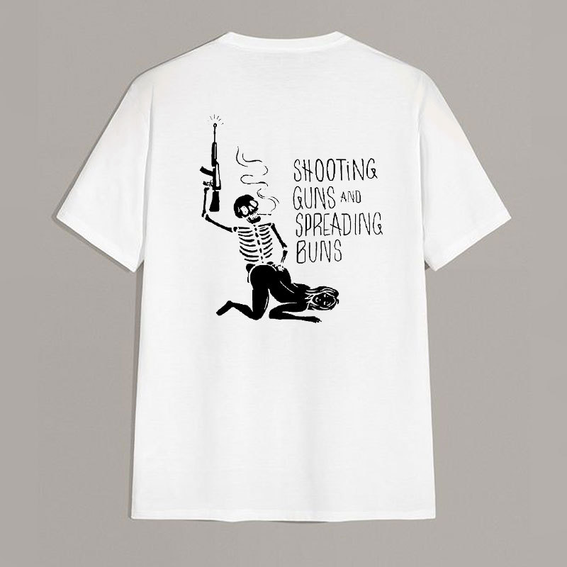 SHOOTING GUNS AND SPREADING BUNS Skull with Sexy Lady Print T-shirt