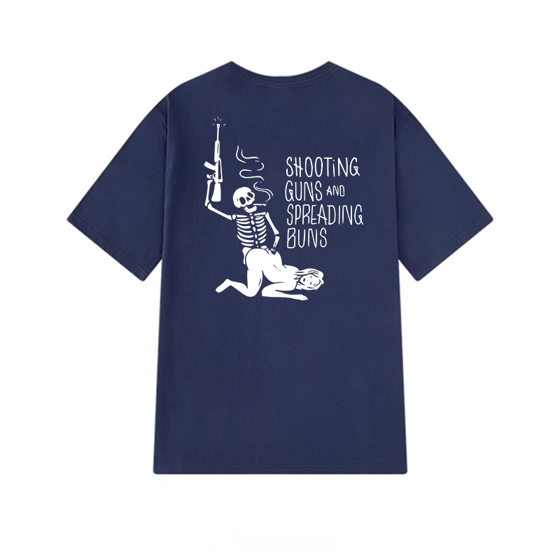 SHOOTING GUNS AND SPREADING BUNS Skull with Sexy Lady Print T-shirt