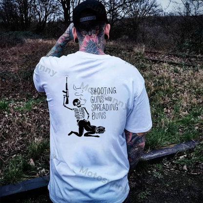 SHOOTING GUNS AND SPREADING BUNS Skull with Sexy Lady Print T-shirt