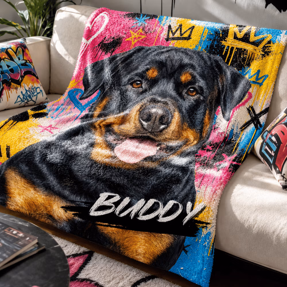 Personalized Graffiti Oil Pet Photo Soft Throw Blanket with Name Home Decor Daily Use Birthday Gift for Pet Lovers Family