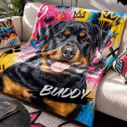 Personalized Graffiti Oil Pet Photo Soft Throw Blanket with Name Home Decor Daily Use Birthday Gift for Pet Lovers Family