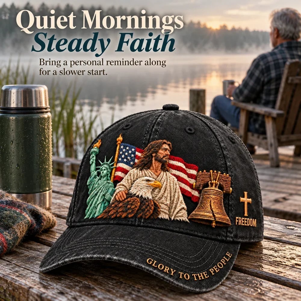 Embroidered cap on a lakeside dock in the morning