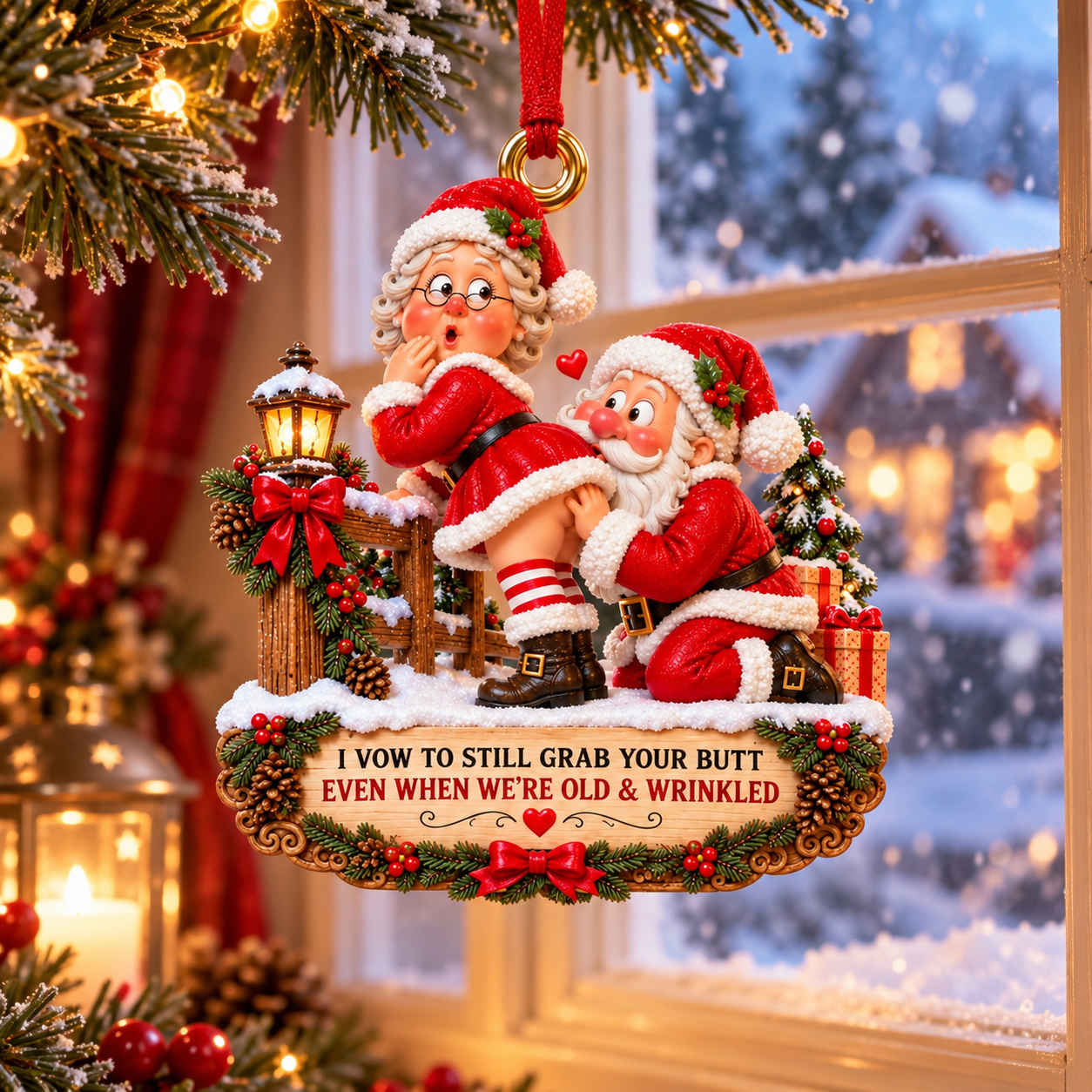 Funny Santa & Mrs. Claus Christmas Ornament – I Vow to Still Grab Your Butt, Romantic & Humorous Christmas Gift for Husband, Wife & Couples, Forever Love Keepsake