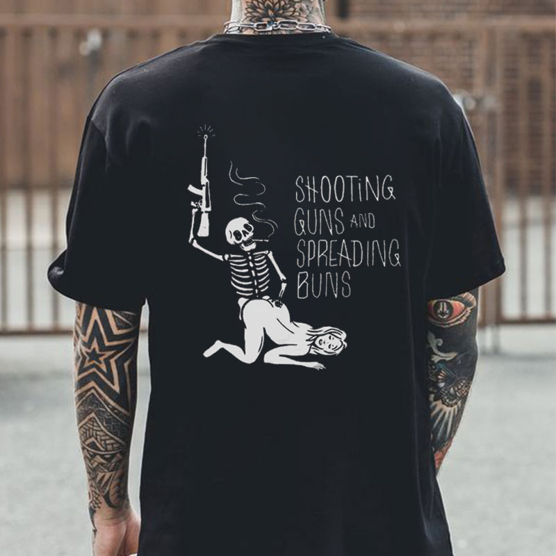 SHOOTING GUNS AND SPREADING BUNS Skull with Sexy Lady Print T-shirt