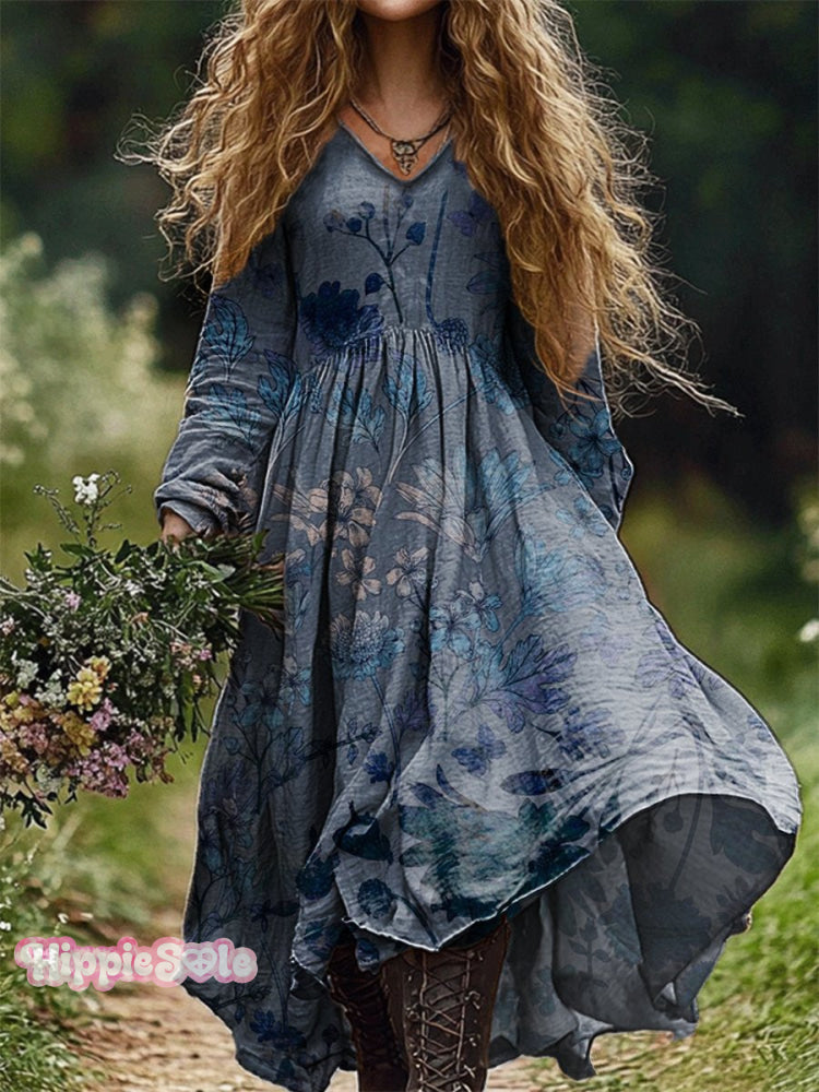 Women’s Boho Floral Art Pattern Print V Neck Pocket Cotton Dress Multicolor / S