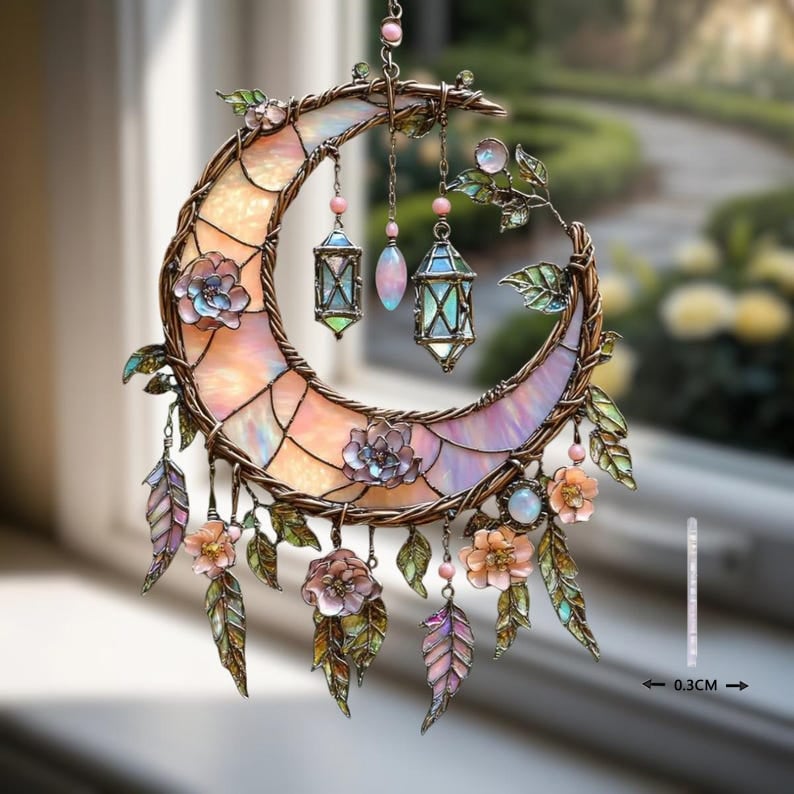 🔥🔥New Year Gift--🌙Hand-Painted Moon and Floral Window Decor💖