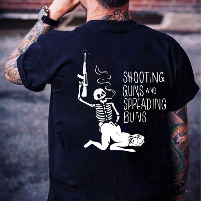 SHOOTING GUNS AND SPREADING BUNS Skull with Sexy Lady Print T-shirt