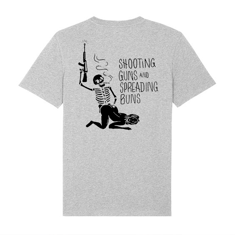 SHOOTING GUNS AND SPREADING BUNS Skull with Sexy Lady Print T-shirt