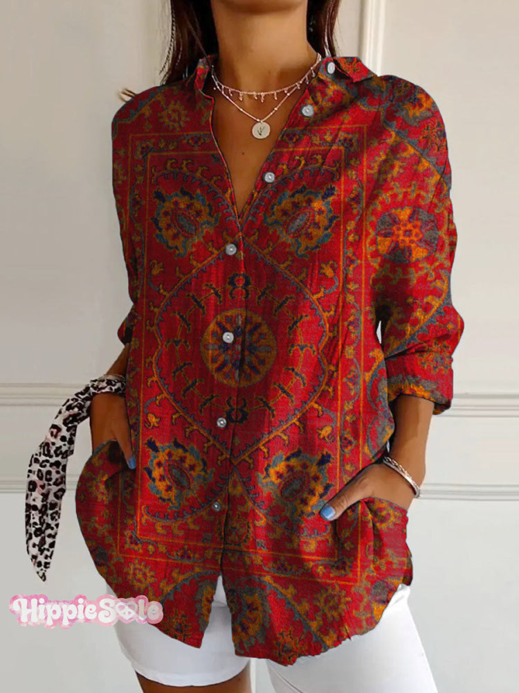 Women’s Colorful Retro Totem Print Casual Cotton Shirt Brickred / S