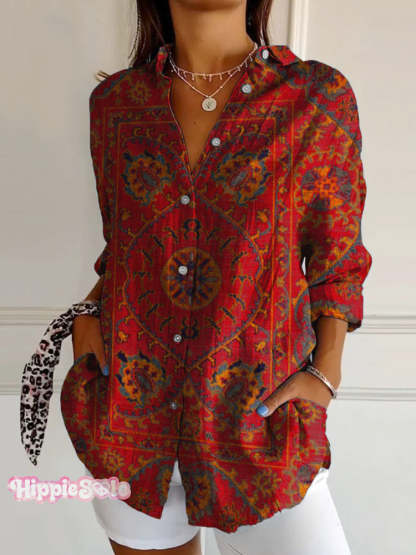 Women’s Colorful Retro Totem Print Casual Cotton Shirt Brickred / S