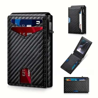 Wallet - With Pop Up Aluminum Case Money Clip Slim Leather Slots Credit Card Holder RFID Blocking Bifold Minimalist Wallet