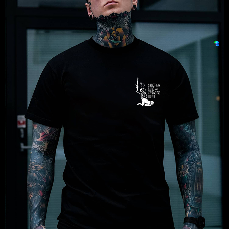 SHOOTING GUNS AND SPREADING BUNS Skull with Sexy Lady Print T-shirt