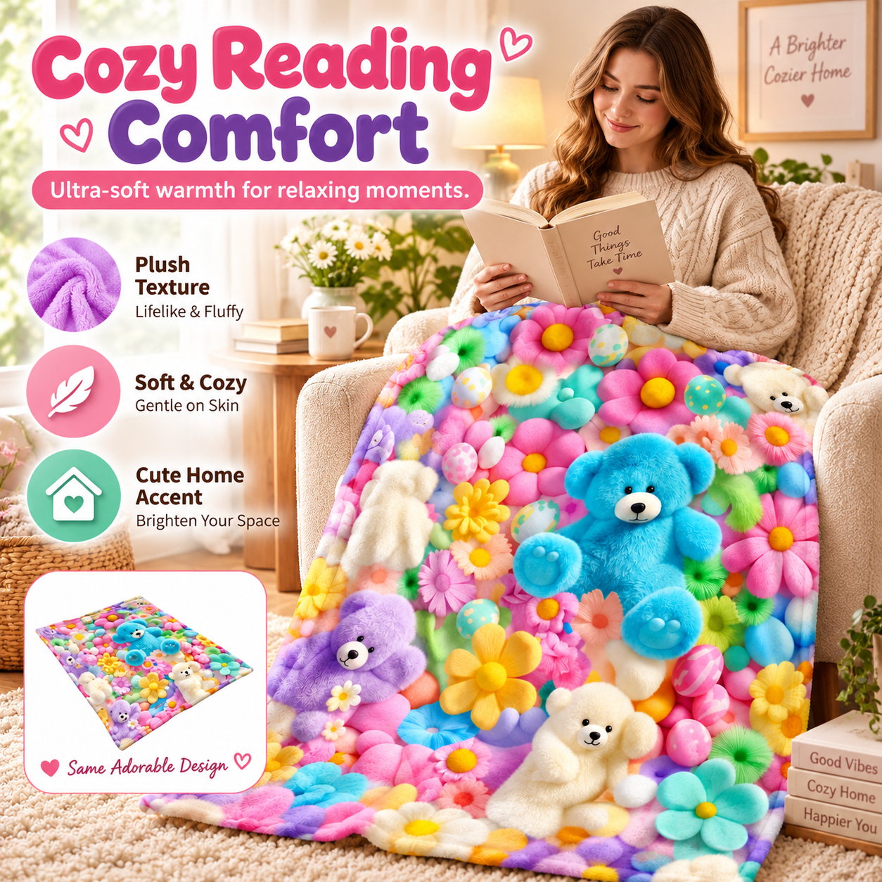 Cozy reading with the plush teddy floral blanket