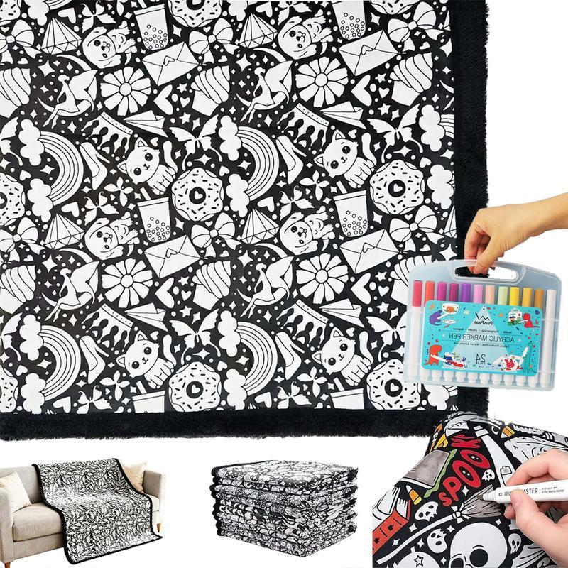 DIY Coloring Blanket 50x60 Inch Fleece Throw for Kids & Adults with 24 Marker Pens