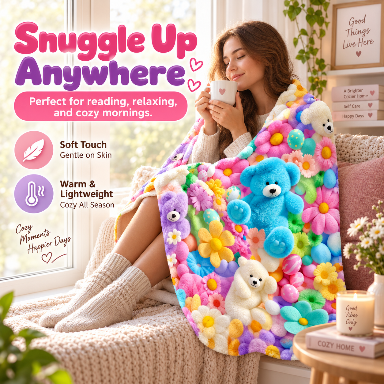 Woman relaxing with a colorful plush teddy throw