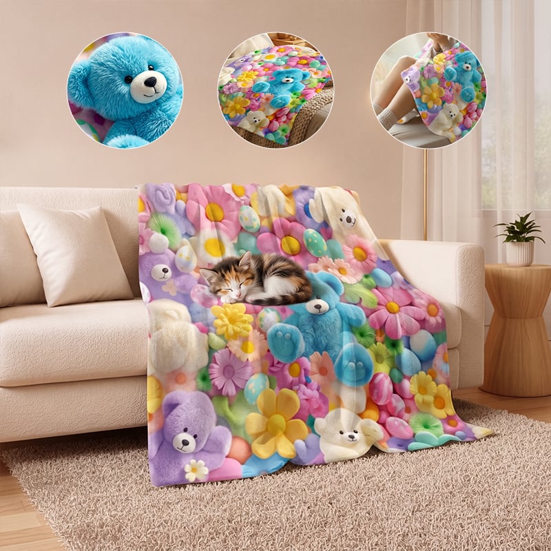 Plush teddy blanket draped over a neutral sofa