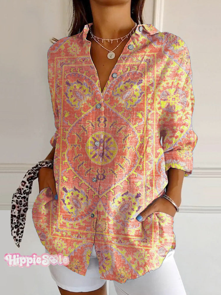 Women’s Colorful Retro Totem Print Casual Cotton Shirt Orange / S