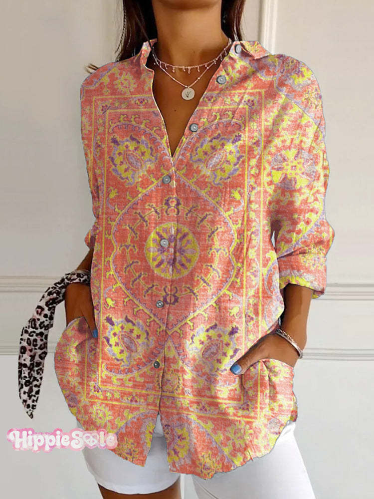 Women’s Colorful Retro Totem Print Casual Cotton Shirt Orange / S