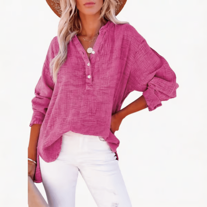 🔥Womens Casual Gauze Button Neck Long Sleeve Oversized BlousesTops