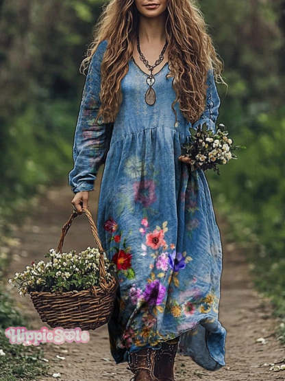 Women’s Floral Print Casual V-Neck Pocket Cotton Dress Multicolor / S