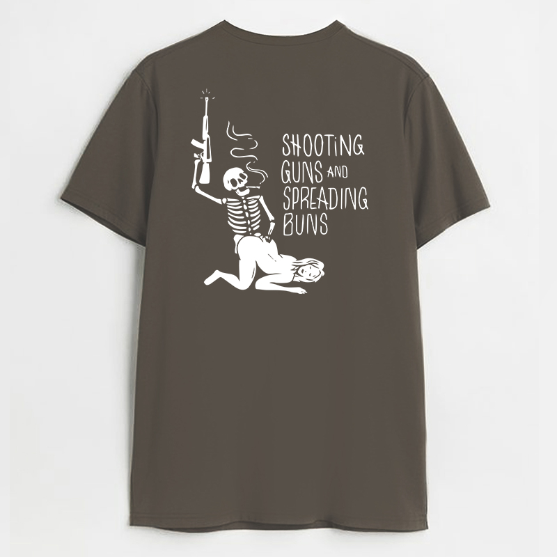 SHOOTING GUNS AND SPREADING BUNS Skull with Sexy Lady Print T-shirt