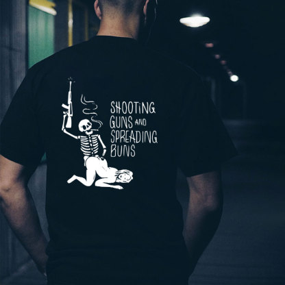 SHOOTING GUNS AND SPREADING BUNS Skull with Sexy Lady Print T-shirt