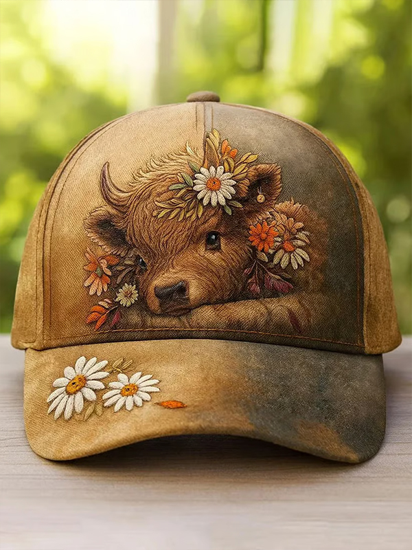 Unisex Highland Cow And Daisies Print Hats