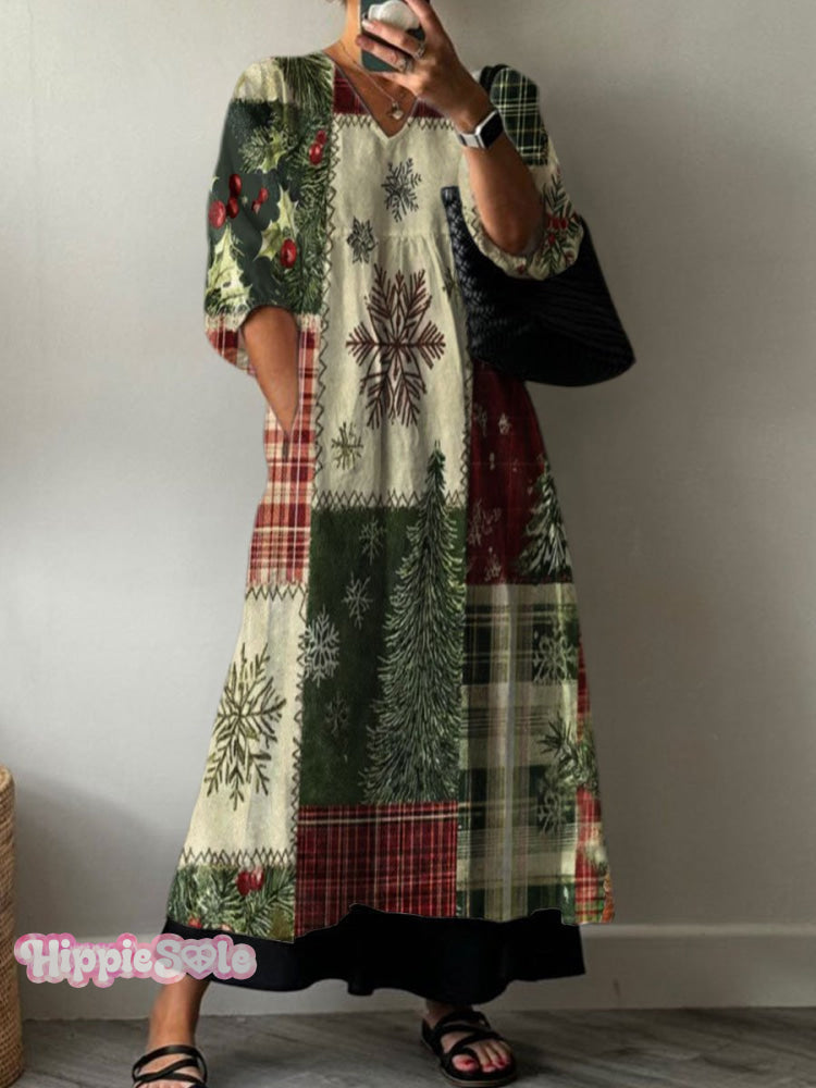 Retro Christmas Patchwork Art Print Pocket V-Neck Cotton Dress Multicolor / S