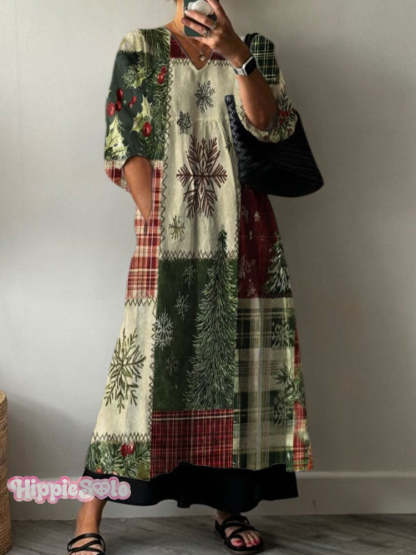 Retro Christmas Patchwork Art Print Pocket V-Neck Cotton Dress Multicolor / S