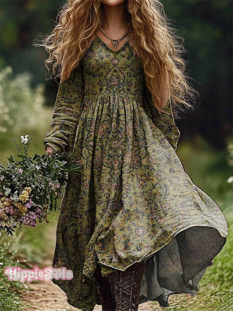 Women’s Boho Floral Art Print Casual V-Neck Pocket Cotton Dress Multicolor / S