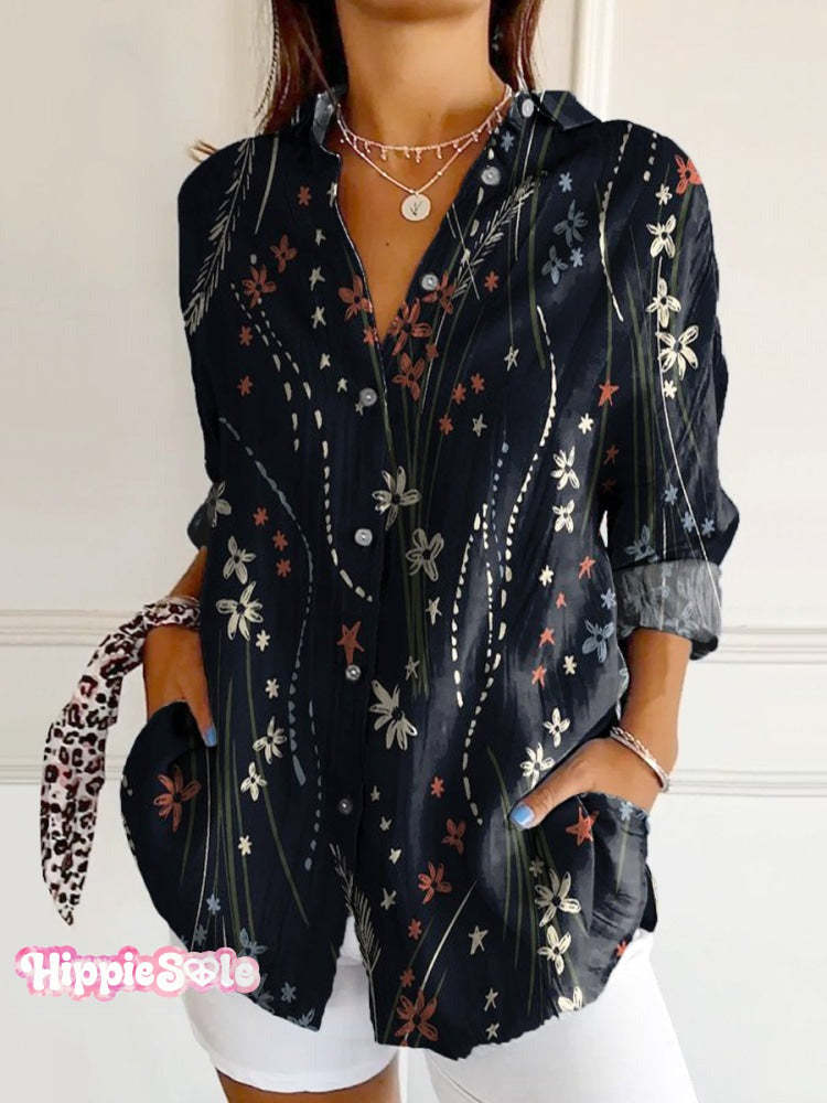 Women’s Vintage Folk Floral Art Print Long Sleeve Comfortable Cotton Shirt Shirt-2 / S