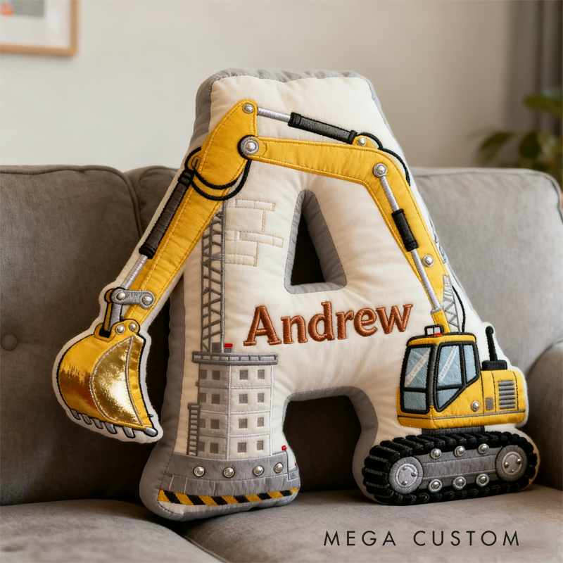 Personalized Excavator Theme Initial Name Graphic 3D Print Pillow Christmas Gift for Kids
