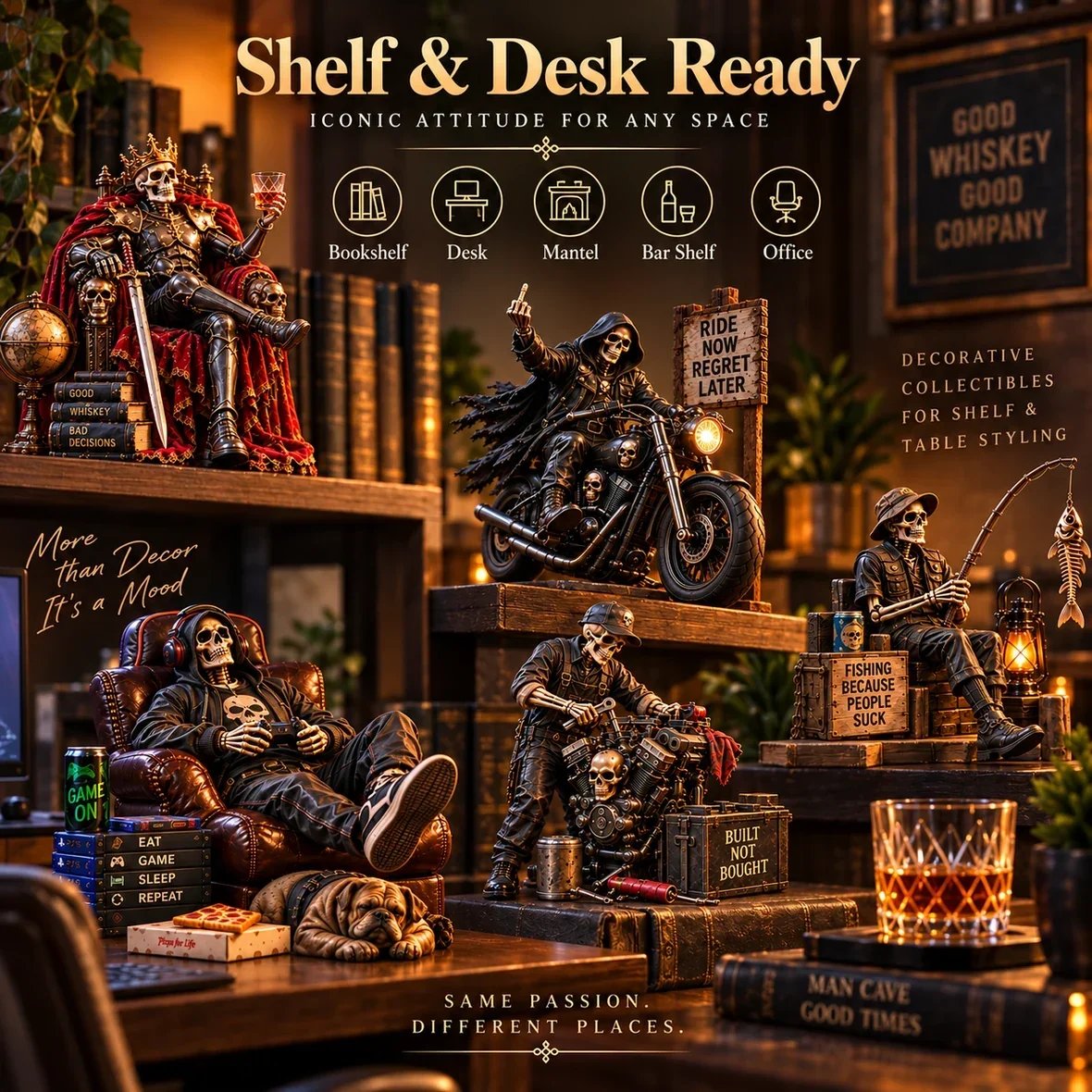 Skeleton collectibles styled on shelves and desks