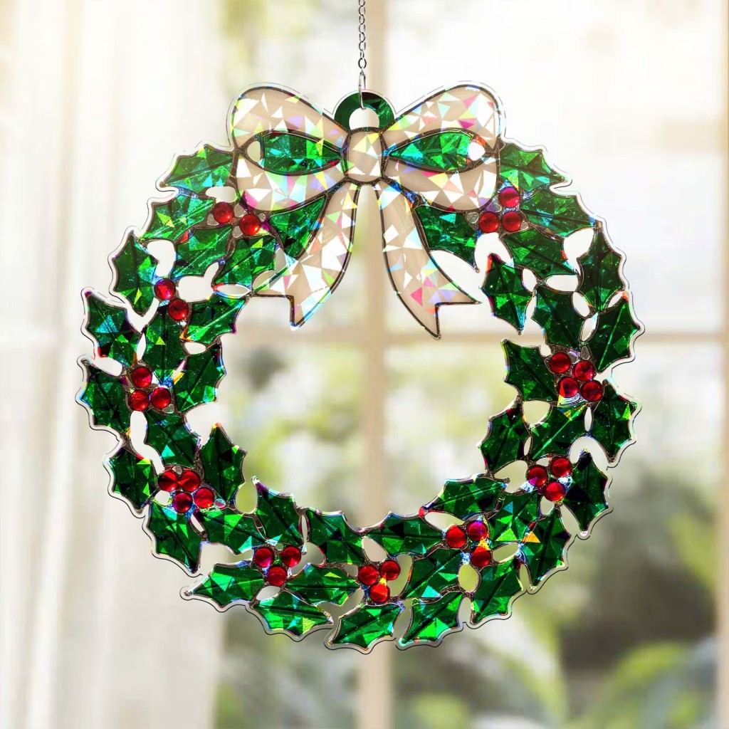 Handcrafted Holly Stained-Glass Wreath Ornament 🎀✨🌿