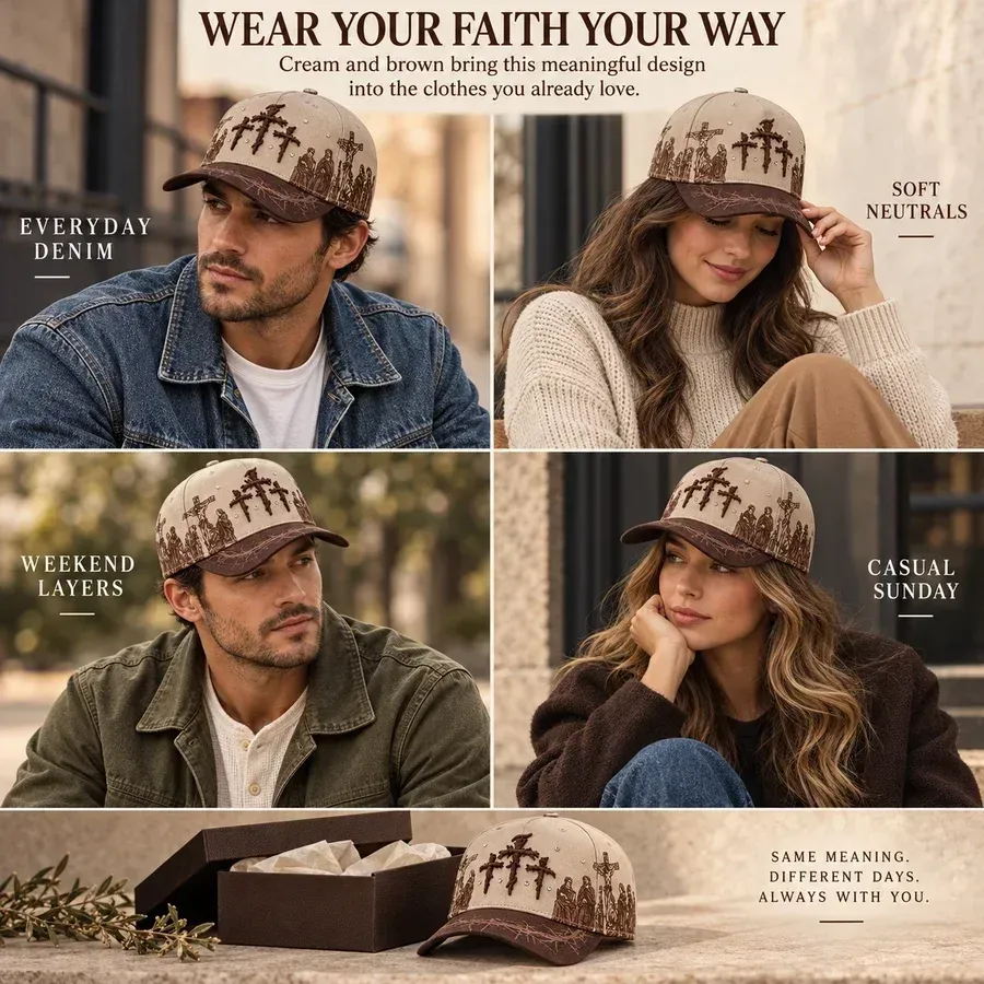 People wearing the cream and brown faith-inspired cap with casual clothes