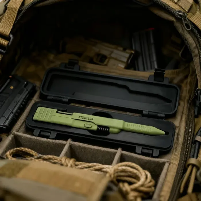 Tactical-inspired novelty pen in optional storage case